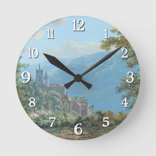 A Fortress in a Mountain Landscape at Sunrise Round Clock