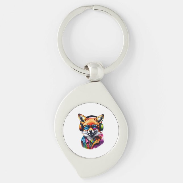 A fox in headphones and glasses keychain (Front)