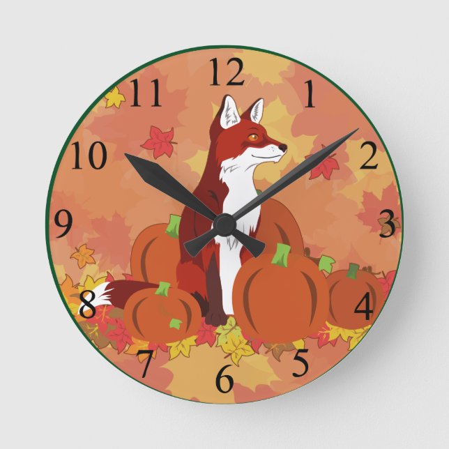 A Fox in the Pumpkin Patch Round Clock (Front)