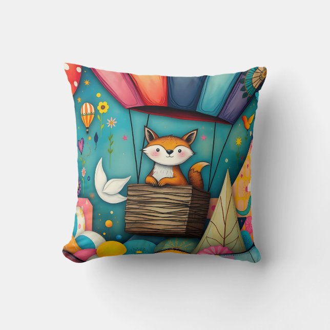 A Fox's Flying Fantasy Throw Pillow (Front)