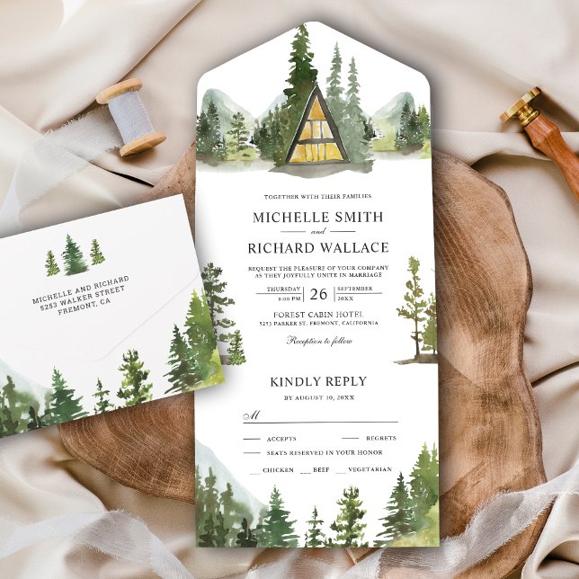 A-Frame Cabin Lodge Rustic Mountain Forest Wedding All In One Invitation (Creator Uploaded)