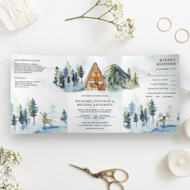 A-Frame Cabin Lodge Winter Mountain Forest Wedding Tri-Fold Invitation (Creator Uploaded)