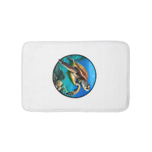 A friendly sea turtle swimming in the ocean bath mat