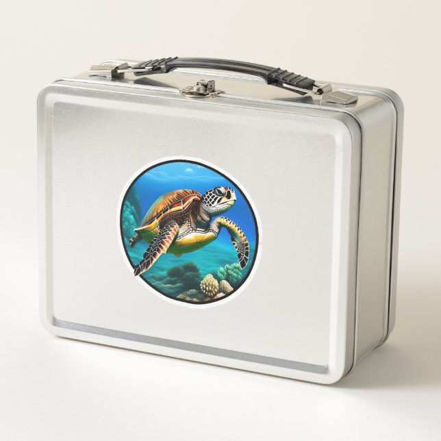 A friendly sea turtle swimming in the ocean metal lunch box (Front)