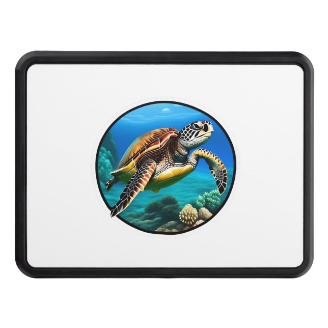 A friendly sea turtle swimming in the ocean trailer hitch cover (Front)