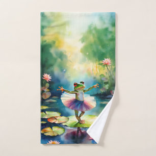 A frog ballerina dancing on a lotus leaf in a pond hand towel