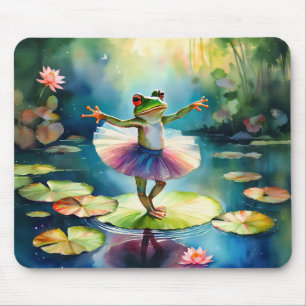 A frog ballerina dancing on a lotus leaf in a pond mouse pad