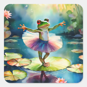 A frog ballerina dancing on a lotus leaf in a pond square sticker