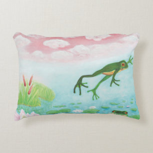 A Frog Jumps Into The Pond Illustration Accent Pillow