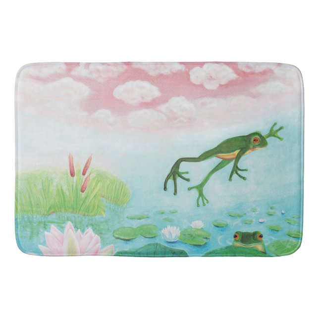 A Frog Jumps Into The Pond Illustration  Bath Mat (Front)