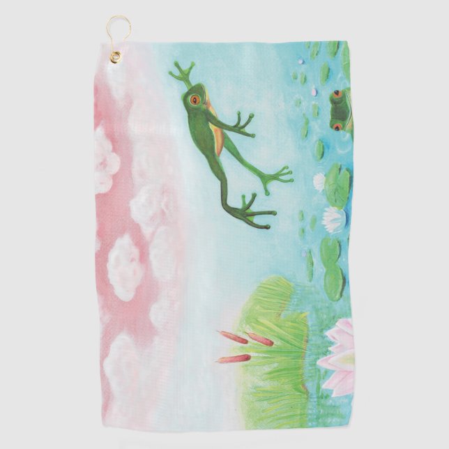 A Frog Jumps Into The Pond Illustration  Golf Towel (Front)