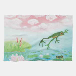 A Frog Jumps Into The Pond Illustration   Kitchen Towel