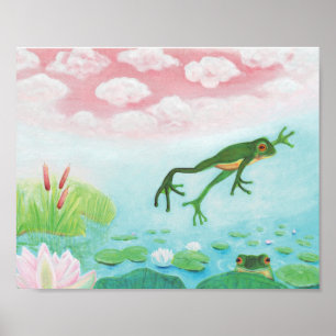 A Frog Jumps Into The Pond Illustration  Poster