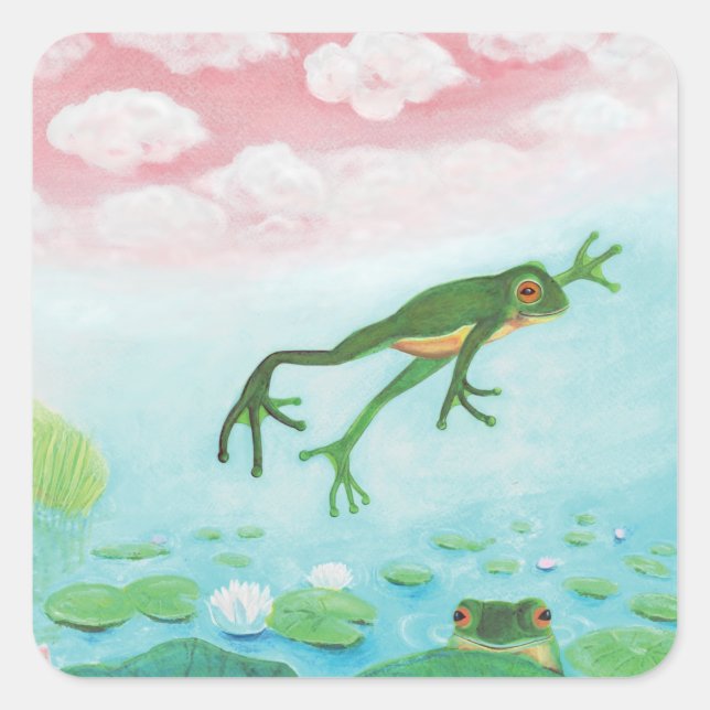A Frog Jumps Into The Pond Illustration  Square Sticker (Front)
