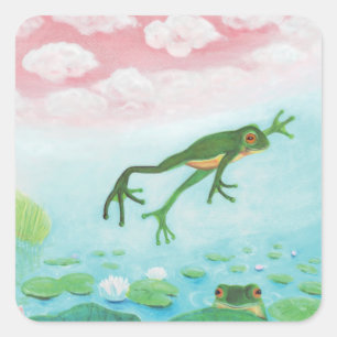 A Frog Jumps Into The Pond Illustration Square Sticker
