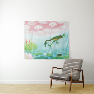 A Frog Jumps Into The Pond Illustration Tapestry