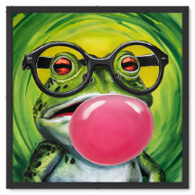 A frog wearing glasses and blowing a pink bubble