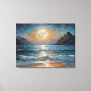 A full moon over the ocean with a mountain  canvas print