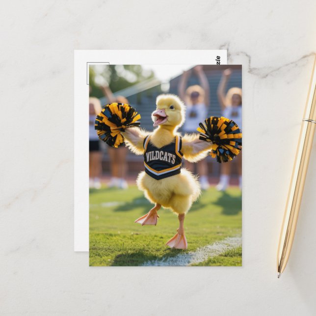 A funny adorable cheerleader duck postcard (Front/Back In Situ)
