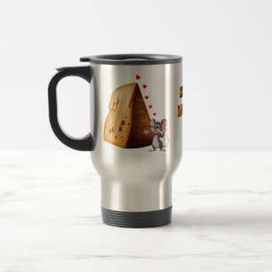 A Funny Cartoon Mouse in Love with a Cheese on a  Travel Mug