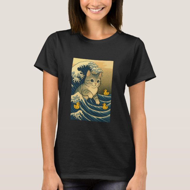A Funny cat on a sea Wave with Three Ducks T-Shirt (Front)