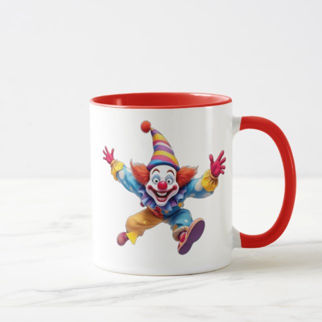 A funny clown jumps into the air while laughing. mug (Right)