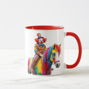 A funny clown riding a multicolored horse. mug