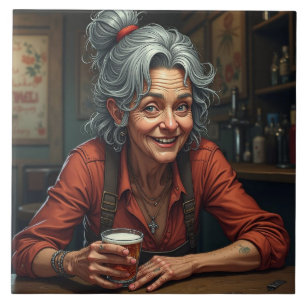 A Funny Comic Older Woman at Bar with Beer Tile