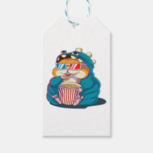 A funny hamster wearing glasses eats popcorn gift tags