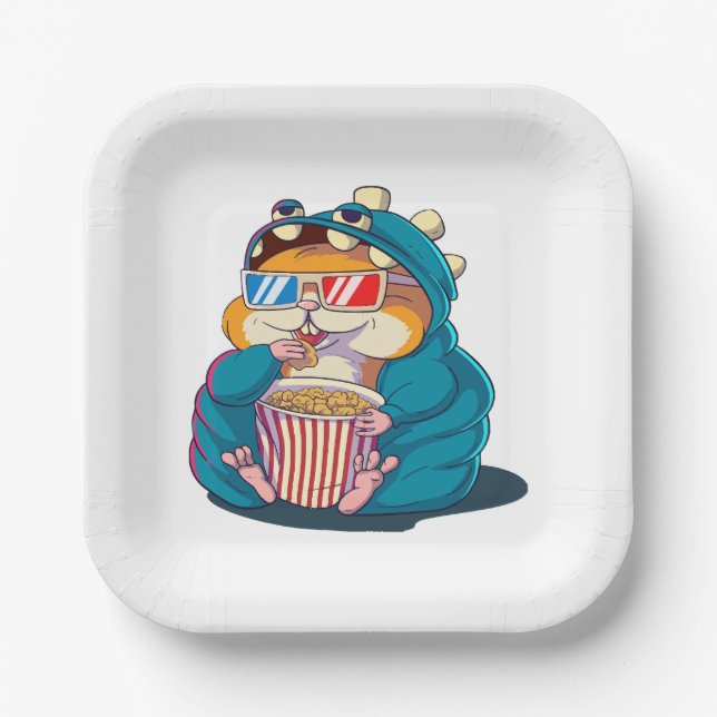 A funny hamster wearing glasses eats popcorn paper plate (Front)