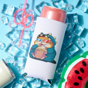 A funny hamster wearing glasses eats popcorn seltzer can cooler