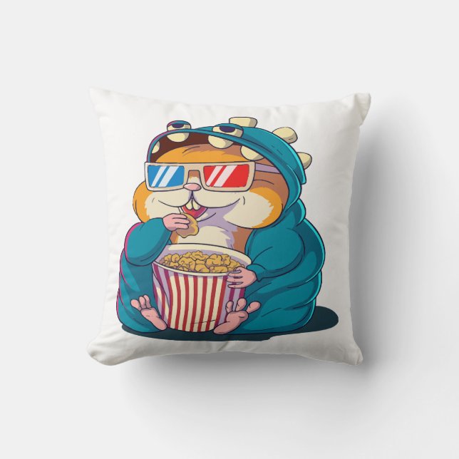 A funny hamster wearing glasses eats popcorn throw pillow (Front)