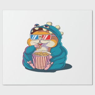 A funny hamster wearing glasses eats popcorn wrapping paper