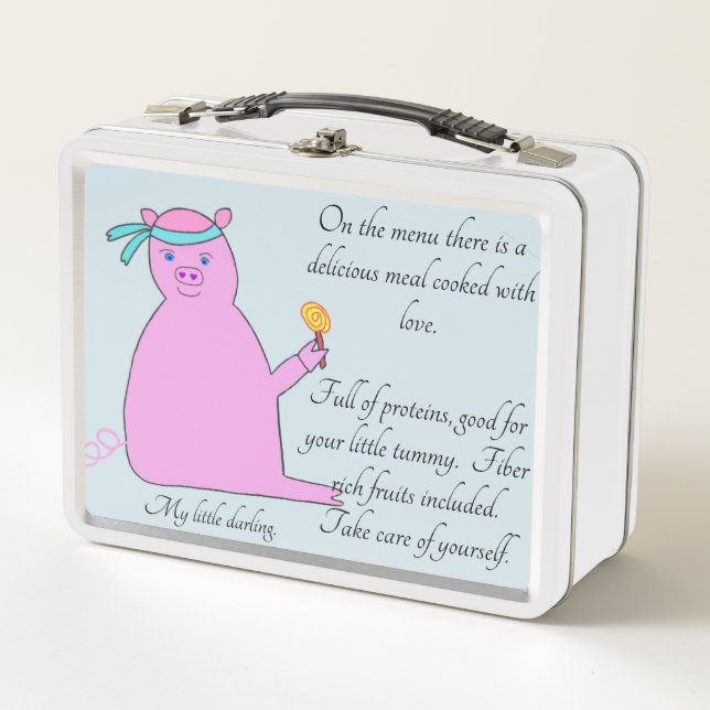 A funny Ninja pig cartoon sitting with a lollipop. Metal Lunch Box (Front)