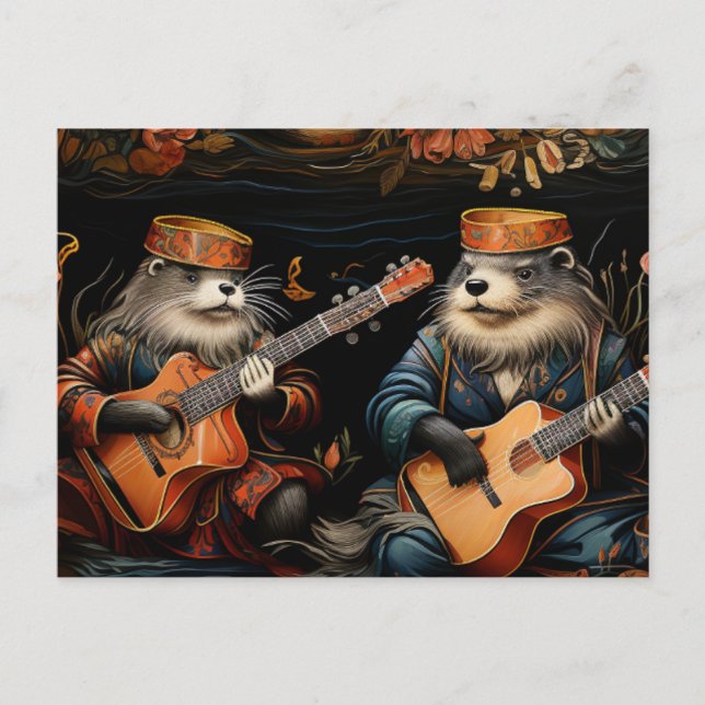 A funny pair of adorable otter musicians postcard (Front)