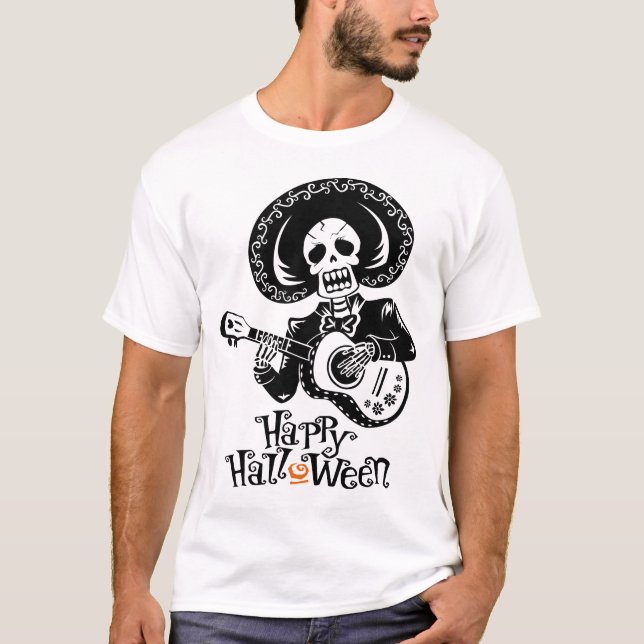 A Funny Skeleton Playing Guitar, Happy Halloween T-Shirt (Front)