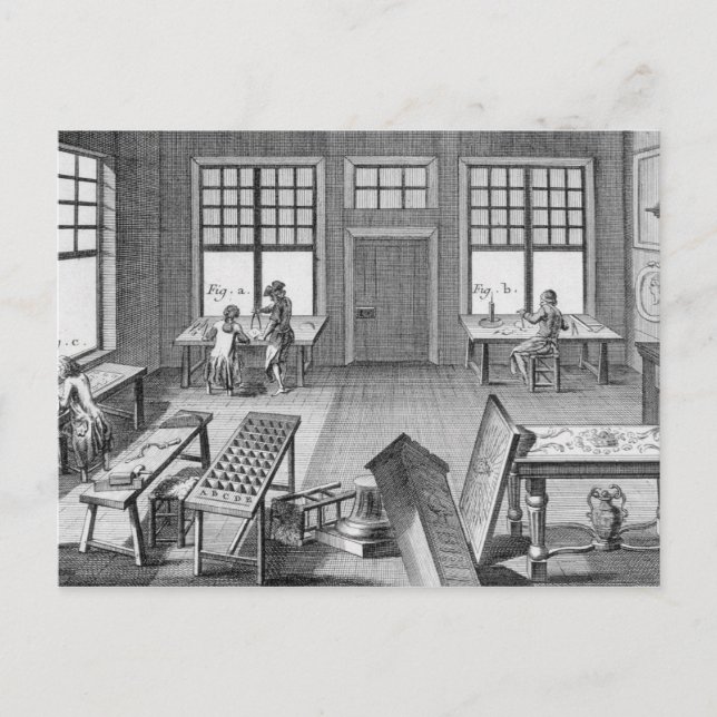 A furniture inlayer's workshop, from the 'Encyclop Postcard (Front)
