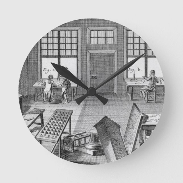 A furniture inlayer's workshop, from the 'Encyclop Round Clock (Front)