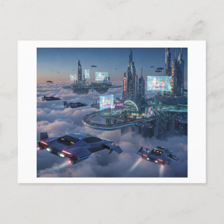 . A futuristic floating city above the clouds with Postcard