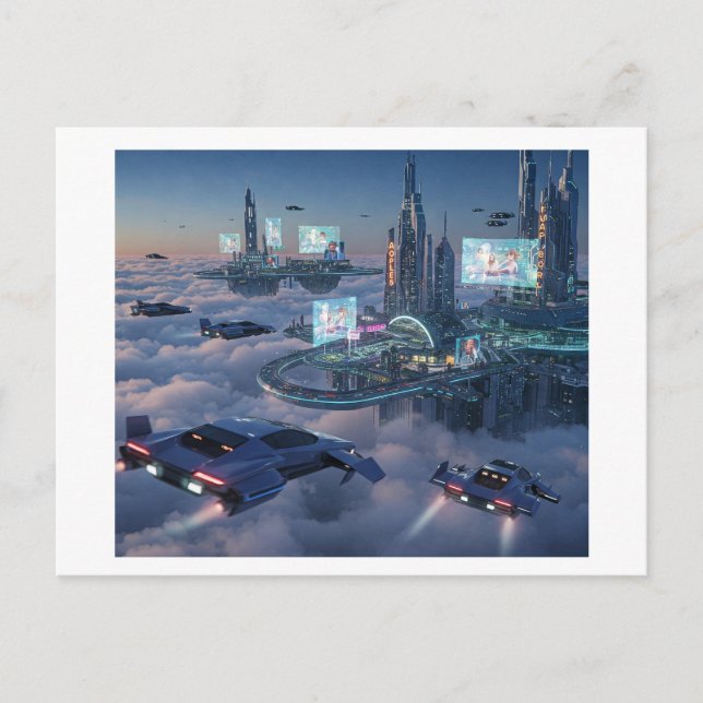 . A futuristic floating city above the clouds with Postcard (Front)