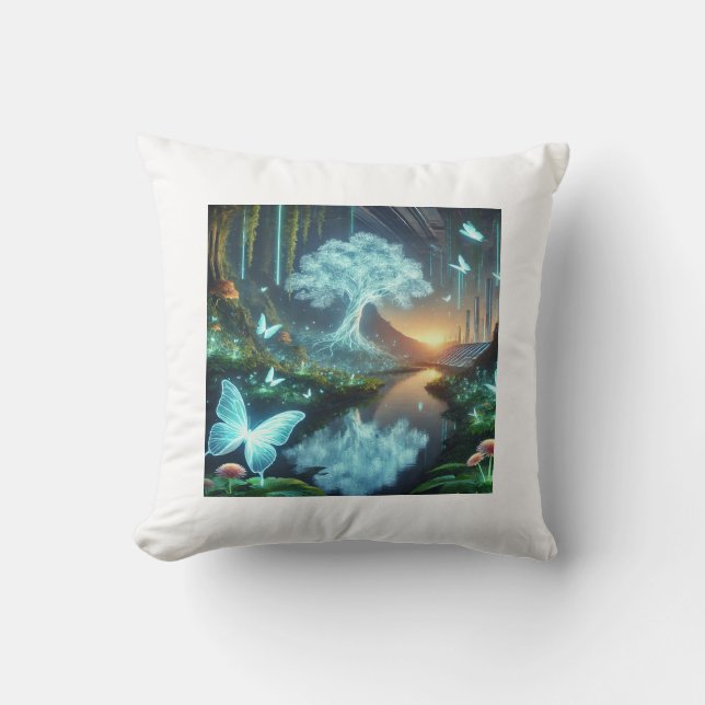 A Futuristic World Where Nature and Technology Throw Pillow (Front)