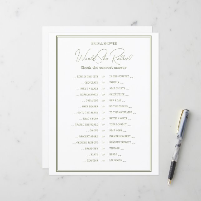 A GAME sheet of paper for a bridal shower. (Front/Back In Situ)