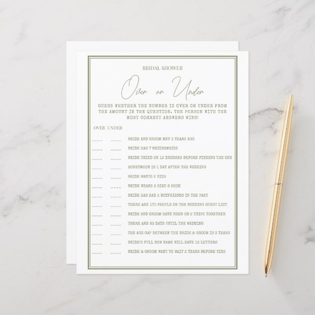 A GAME sheet of paper for a bridal shower. (Front/Back In Situ)