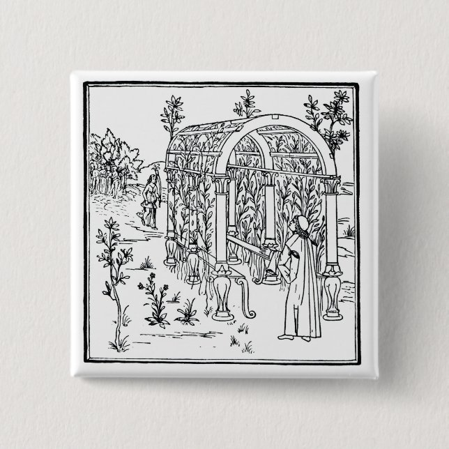 A garden scene, from 'Hypnerotomachia Poliphili' a 2 Inch Square Button (Front)