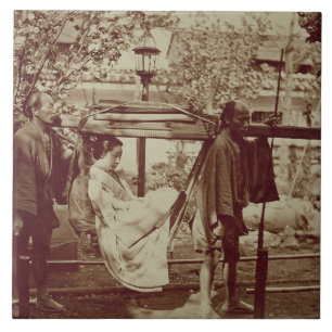 A Geisha being carried in a litter (sepia photo) Tile