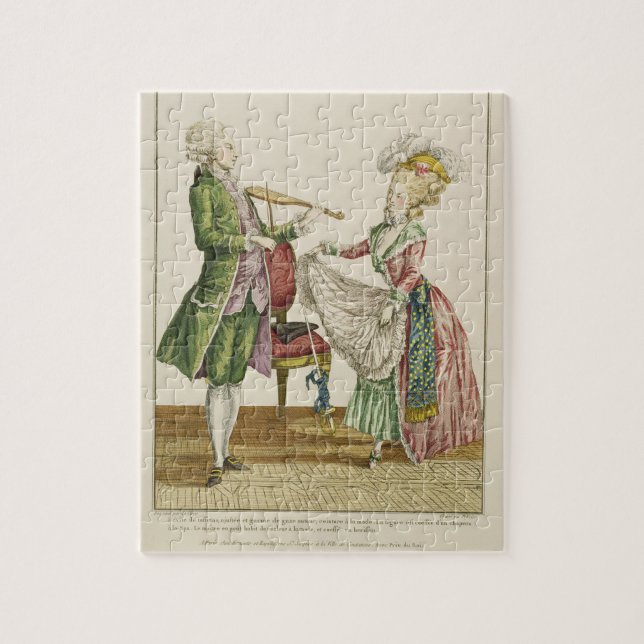 A gentleman playing the violin while a lady dances jigsaw puzzle (Vertical)