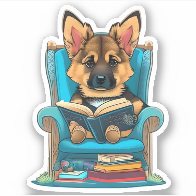 A German Shepherd puppy reading a book (Front)