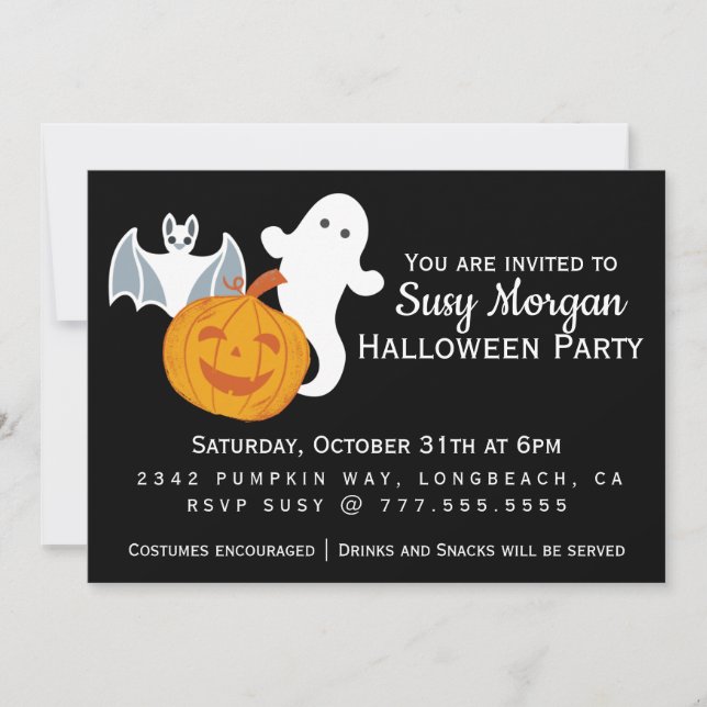A Ghost, A Bat, and A Friendly Pumpkin Party Invitation (Front)