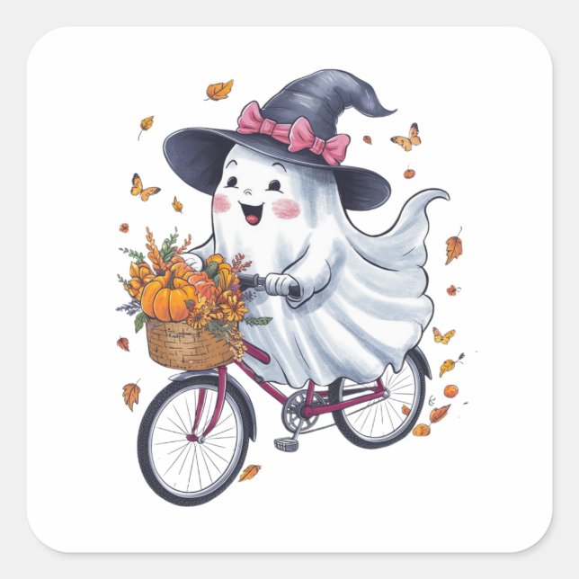 A ghost riding a bicycle square sticker (Front)