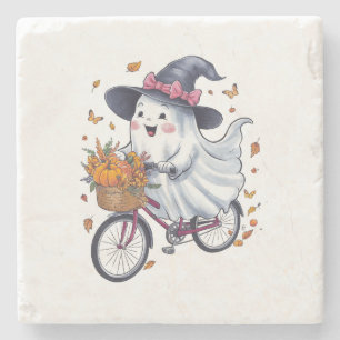 A ghost riding a bicycle stone coaster